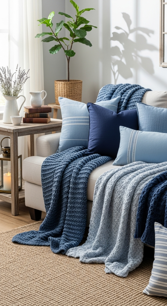 Farmhouse Sofas In Neutral Shades With Blue Throws