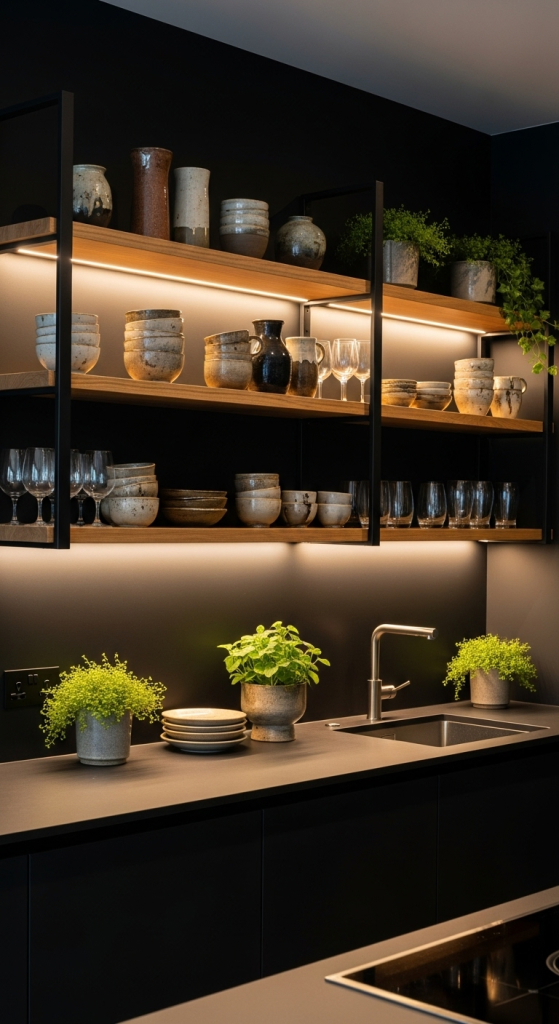 Open Shelving Against Black Walls