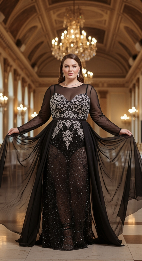 Black Mesh Gown With Embellished Bodice