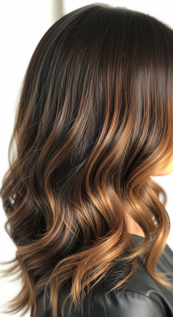 Caramel Highlights Over Dark Brown