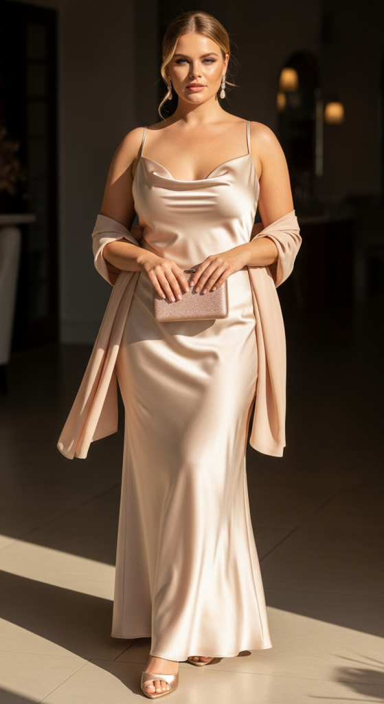 Champagne Satin Slip Gown With Shawl