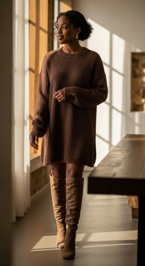Chic Sweater Dress with Knee-High Boots