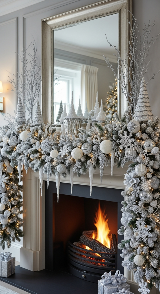 Dramatic Winter Wonderland White Mantel