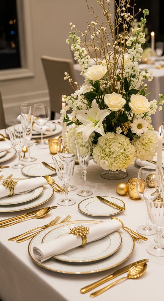 Elegant White and Gold Table Setting