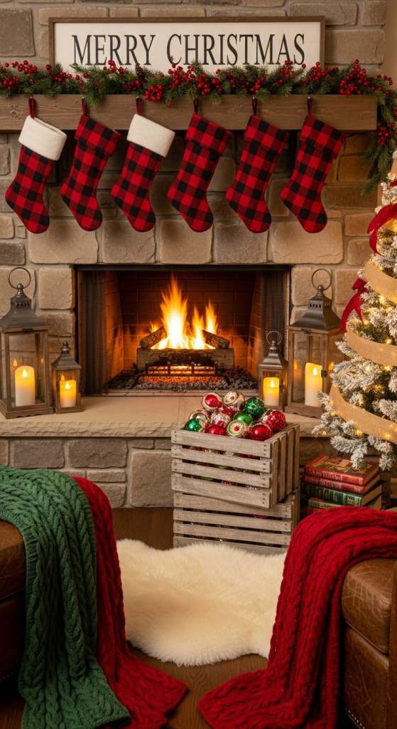 Farmhouse Red & Plaid Fireplace Nook