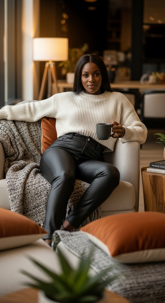 Faux Leather Pants with a Cozy Sweater