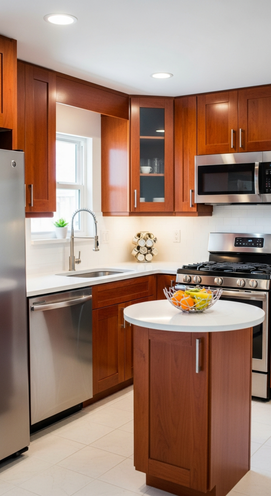 Glossy Cherry Cabinets For Small Kitchens