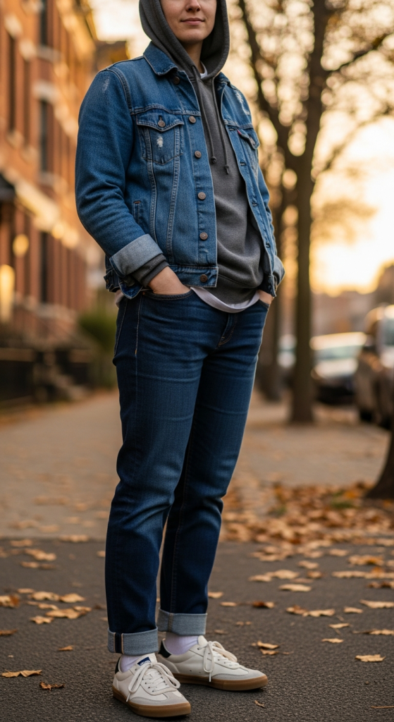 Hoodie Layered Under a Denim Jacket