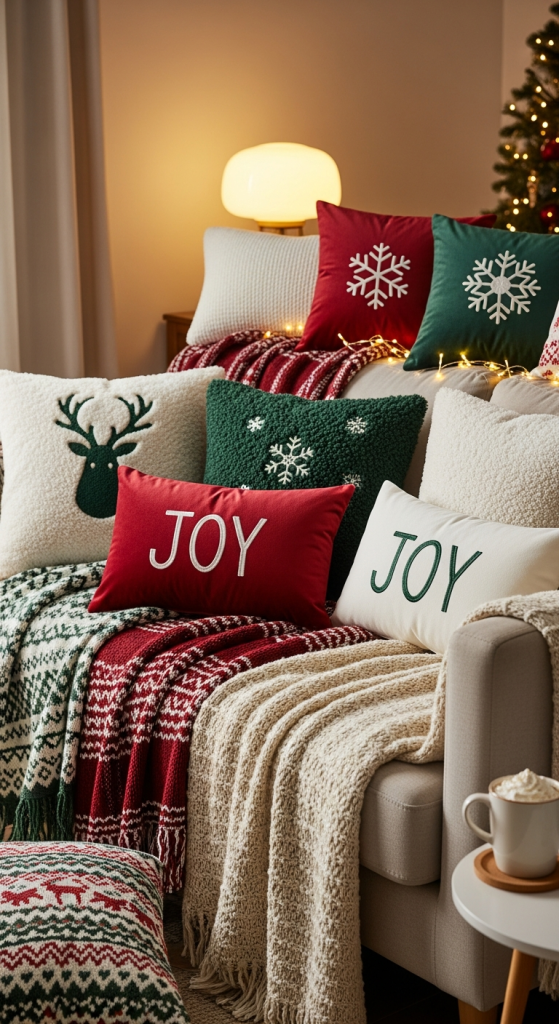 Incorporate Plush Throws And Christmas Pillows