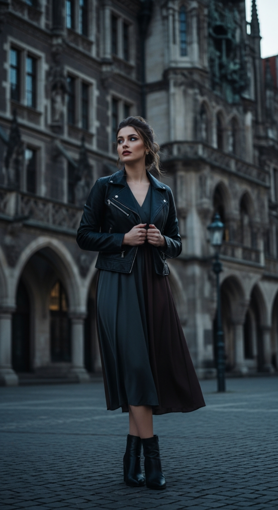 Leather Jacket & Midi Dress