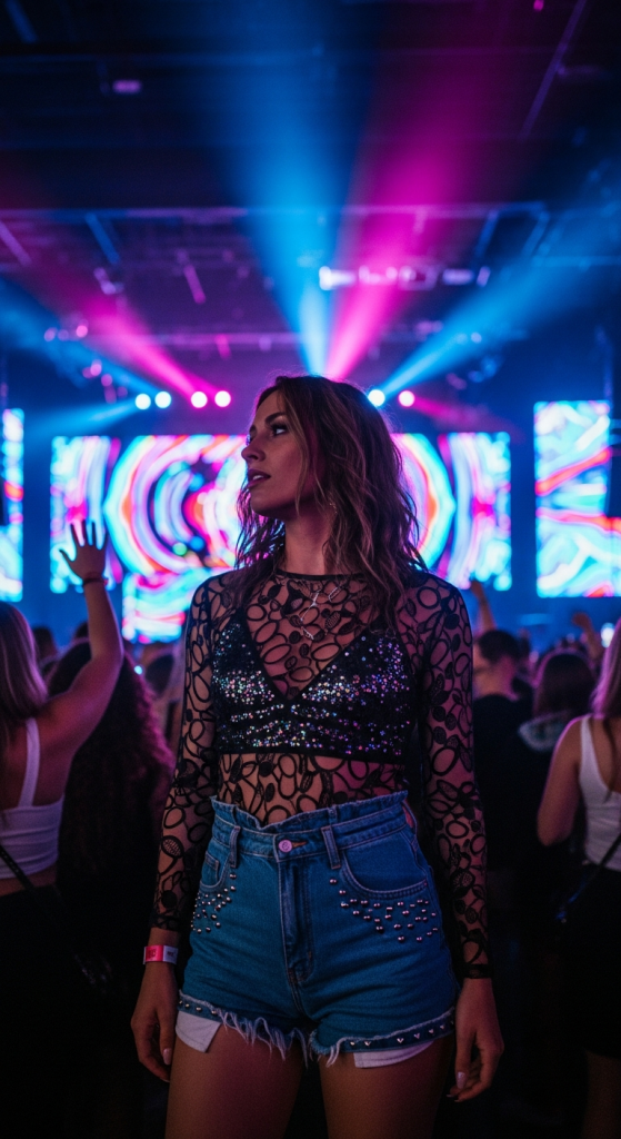 Mesh Top, Bralette & High-Waisted Shorts