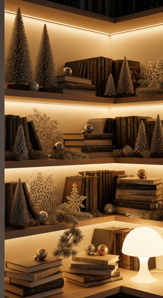 Mix Books With Holiday Decor on Nearby Shelves