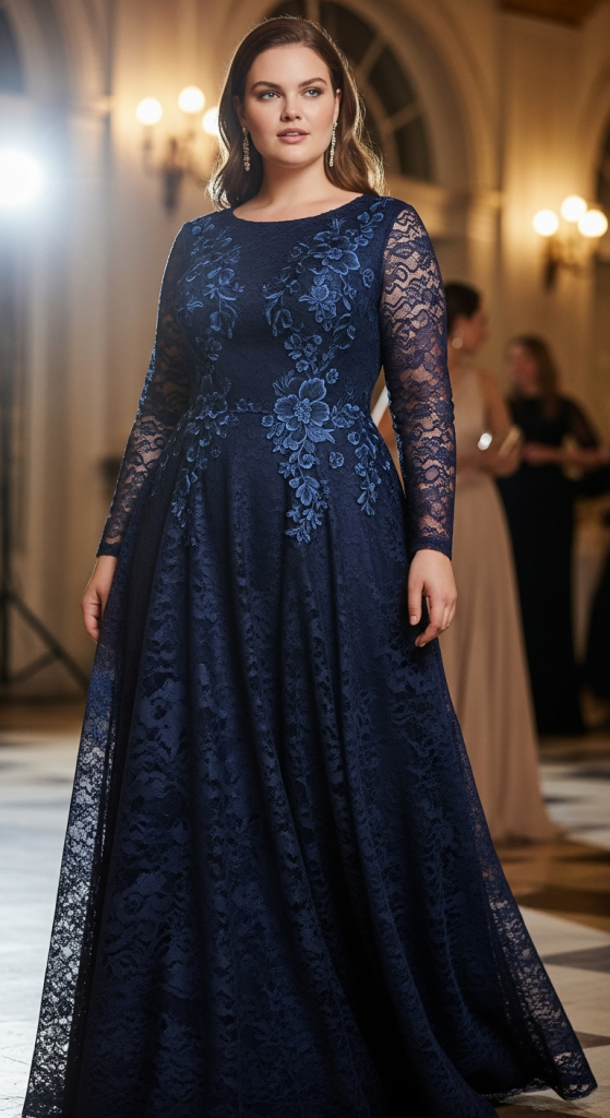 Navy Blue Lace Long-Sleeve Gown