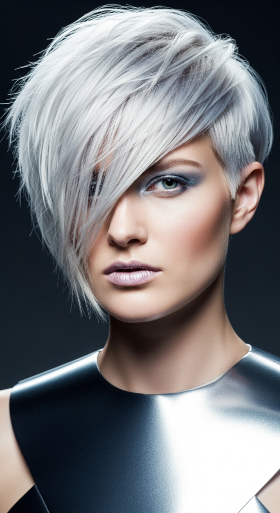 Platinum Asymmetrical Pixie For A Bold Color Statement