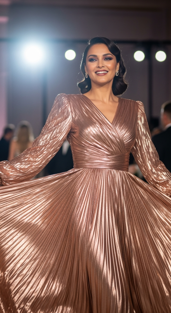 Pleated Metallic Maxi Dress