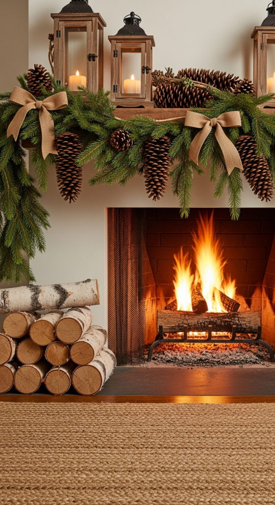 Rustic Wood & Pinecone Fireplace Setup