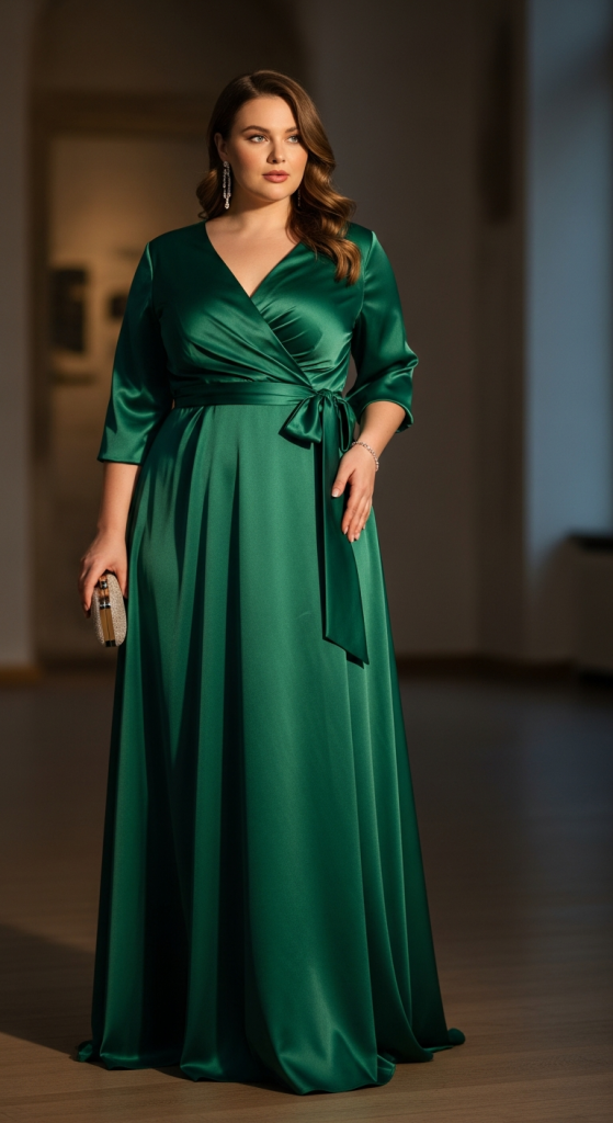 Satin Wrap Gown With Waist Tie