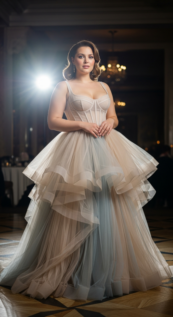 Tulle Layered Gown With Corset Top