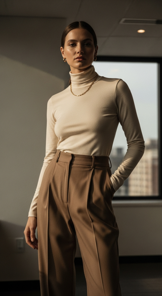 Turtleneck and Wide-Leg Trousers