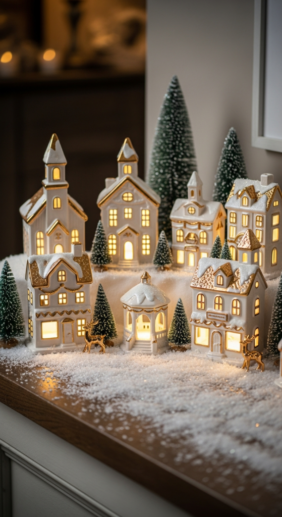 White Ceramic Christmas Village with Gold Accents