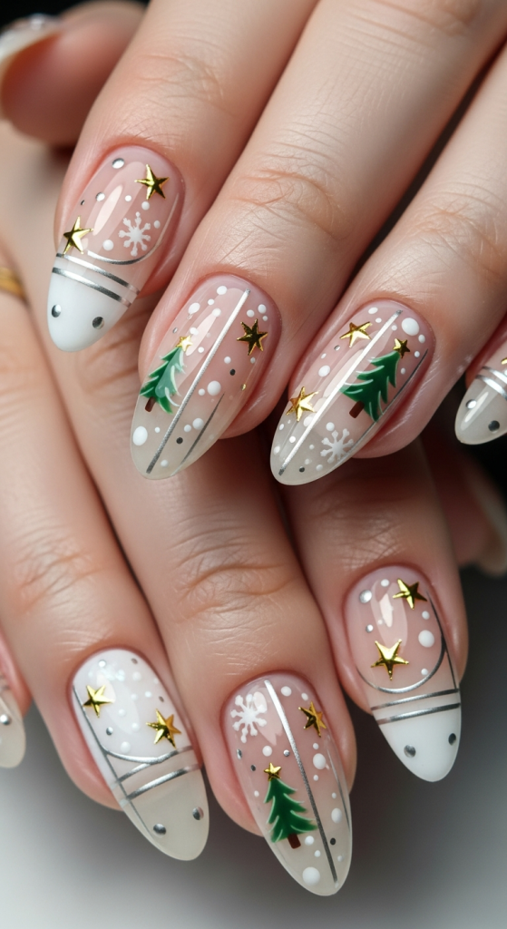 Almond Nails with Minimalist Christmas Art