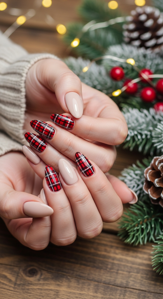 Almond Nails with Plaid Christmas Patterns