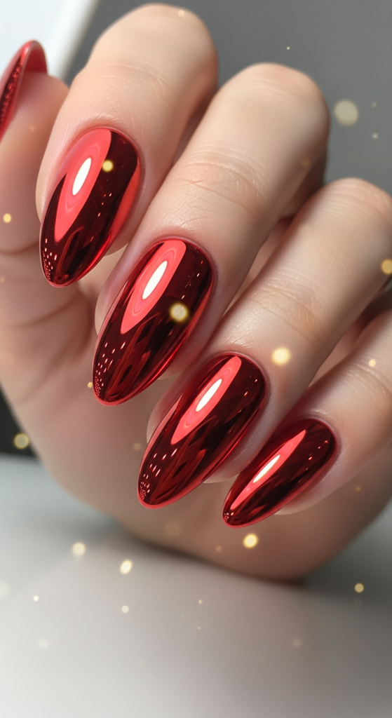Almond Nails with Red Chrome Finish