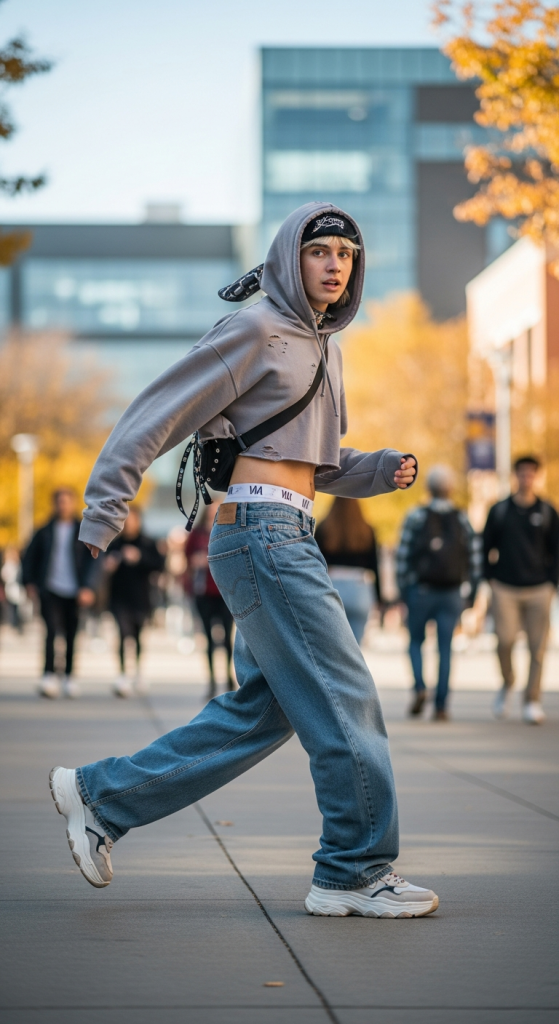 Baggy Jeans + Crop Hoodie + Chunky Sneakers