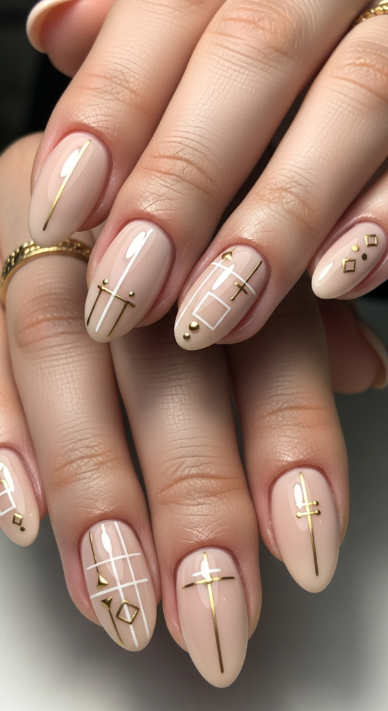 Beige Nails With Minimalist Line Art