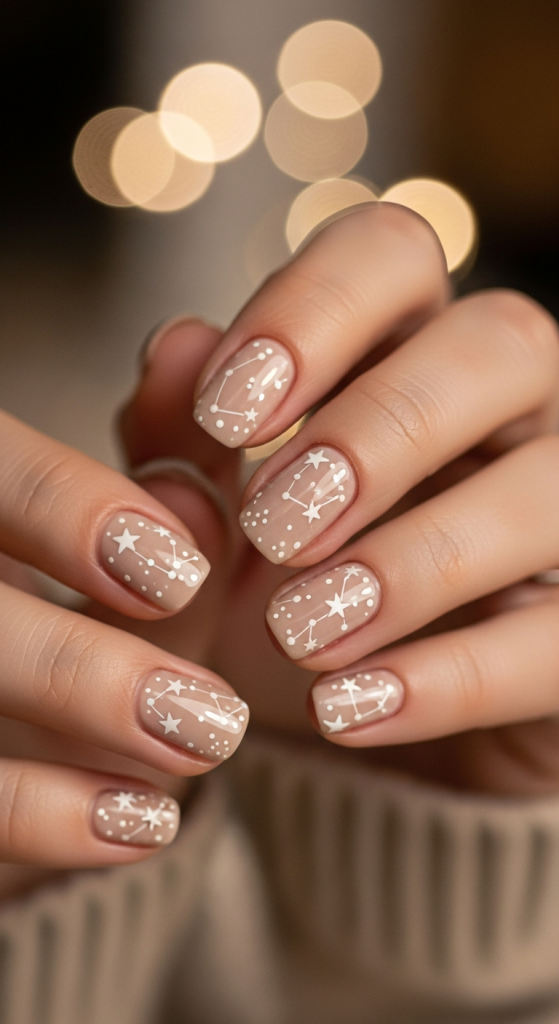 Beige Nails With Tiny White Stars
