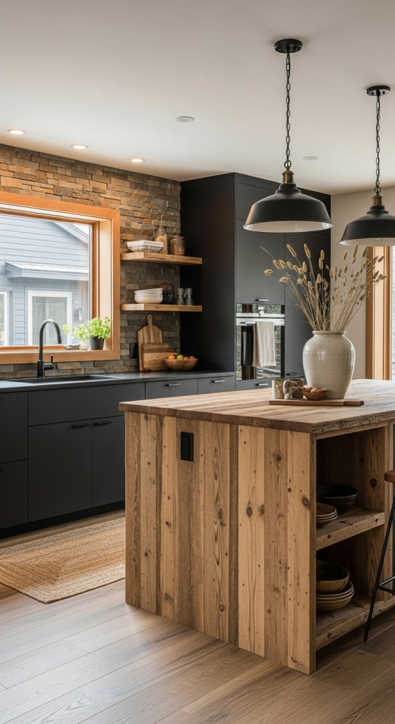 Black Cabinets With Reclaimed Wood Accents