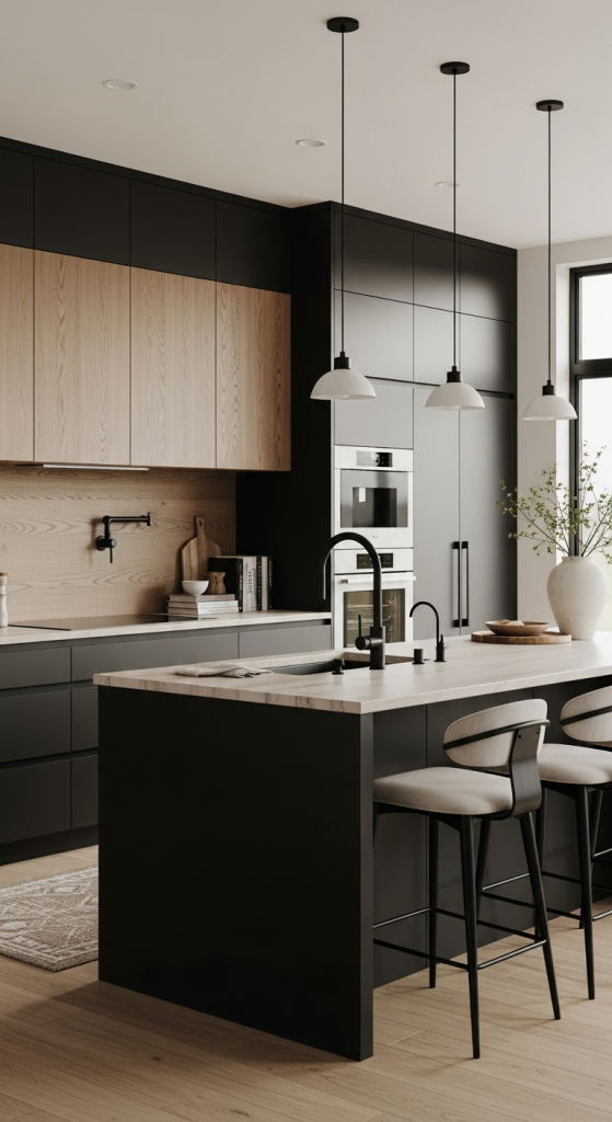 Black Cabinets With Wood Backsplash