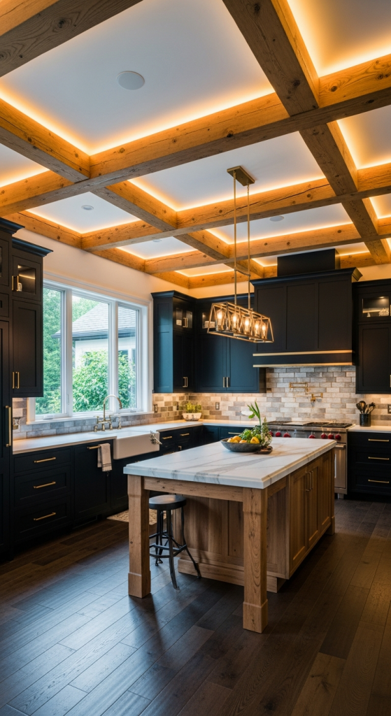 Black Cabinets With Wood Ceiling Beams
