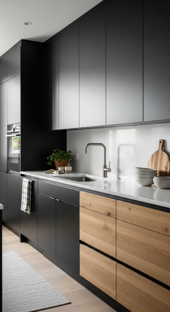 Black Cabinets With Wood Drawer Fronts