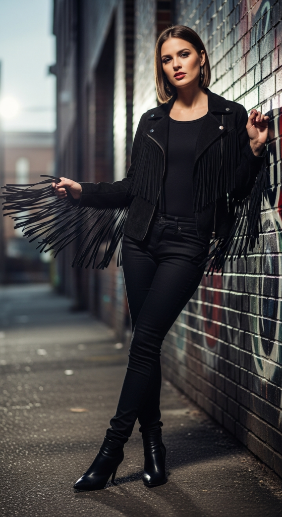 Black Fringe Jacket With All-Black Outfit