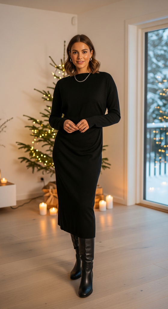 Black Knit Dress + Knee-High Boots