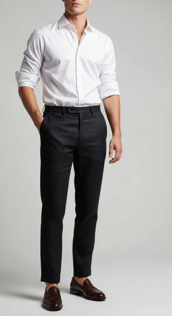 Black Linen Pants With A Crisp White Button-Down