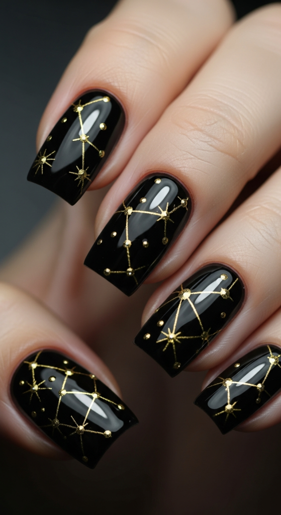 Black Nails With Gold Constellations