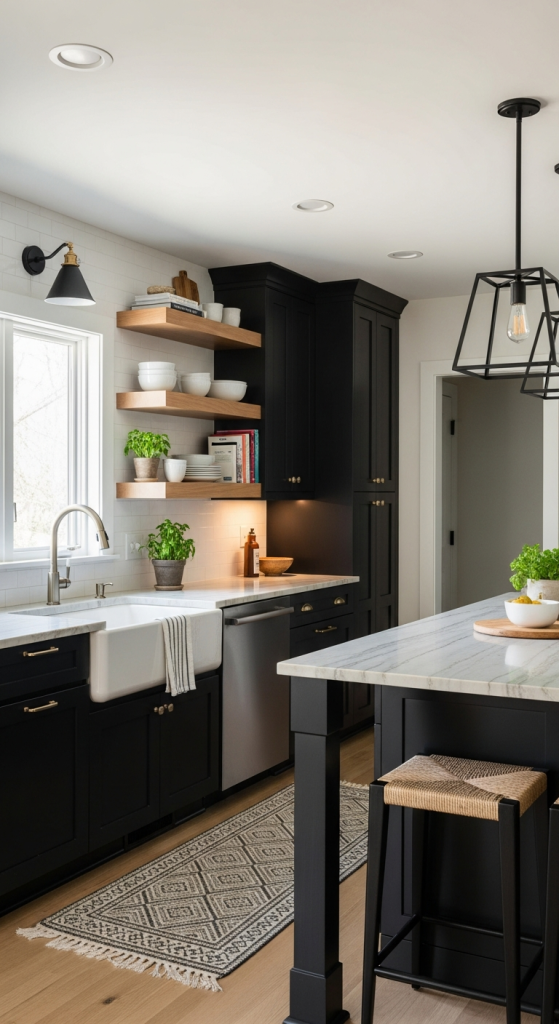 Black Shaker Cabinets With Natural Wood Shelving