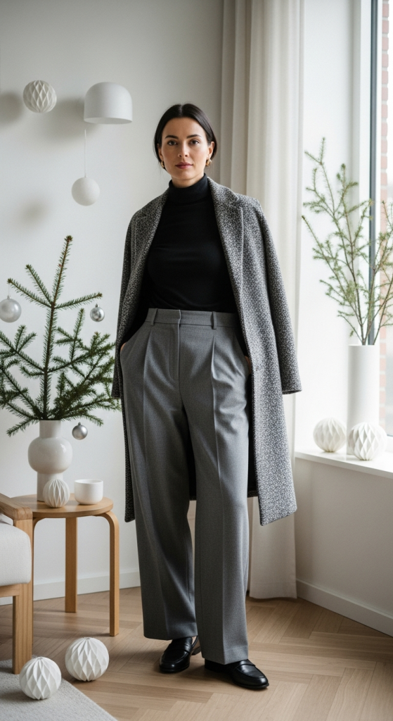 Black Turtleneck + Gray Wide-Leg Trousers