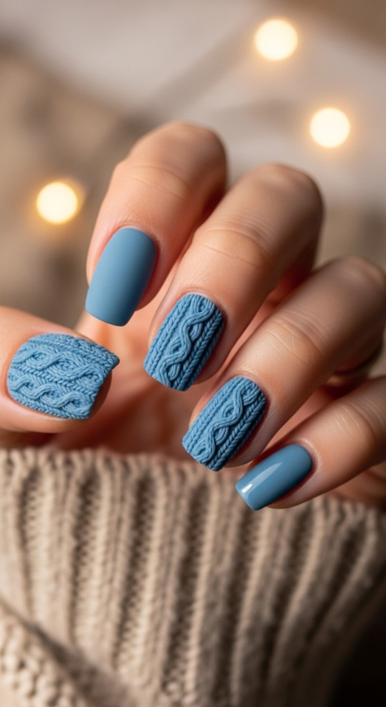 Blue Sweater Texture Nails