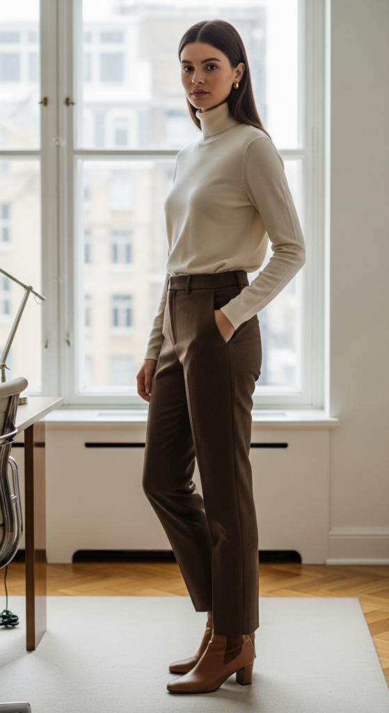 Brown Pants With Cream Turtleneck