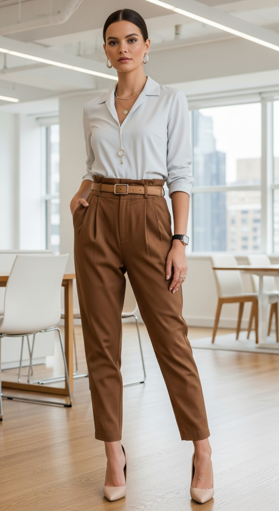 Brown Paperbag Pants With Structured Top