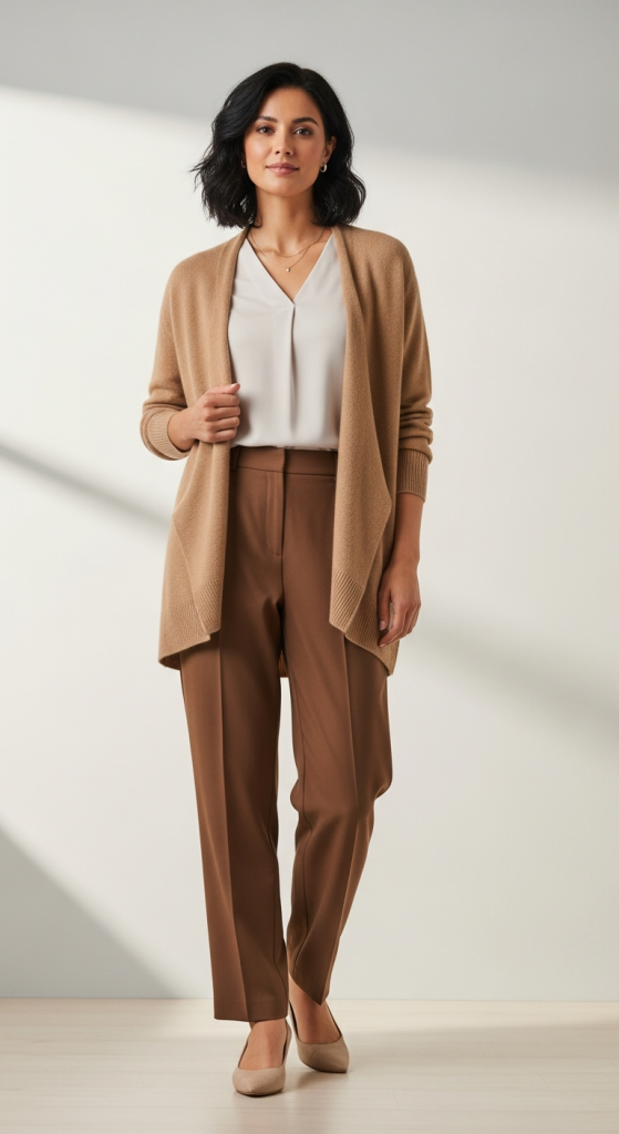 Brown Straight-Leg Pants With Blouse And Cardigan