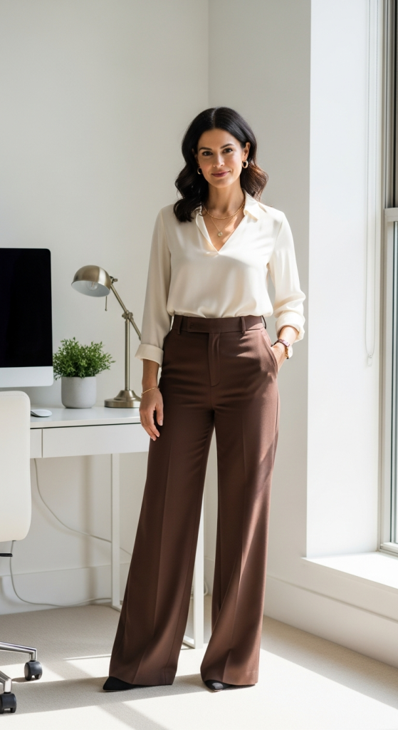 Brown Wide-Leg Pants With Silk Blouse