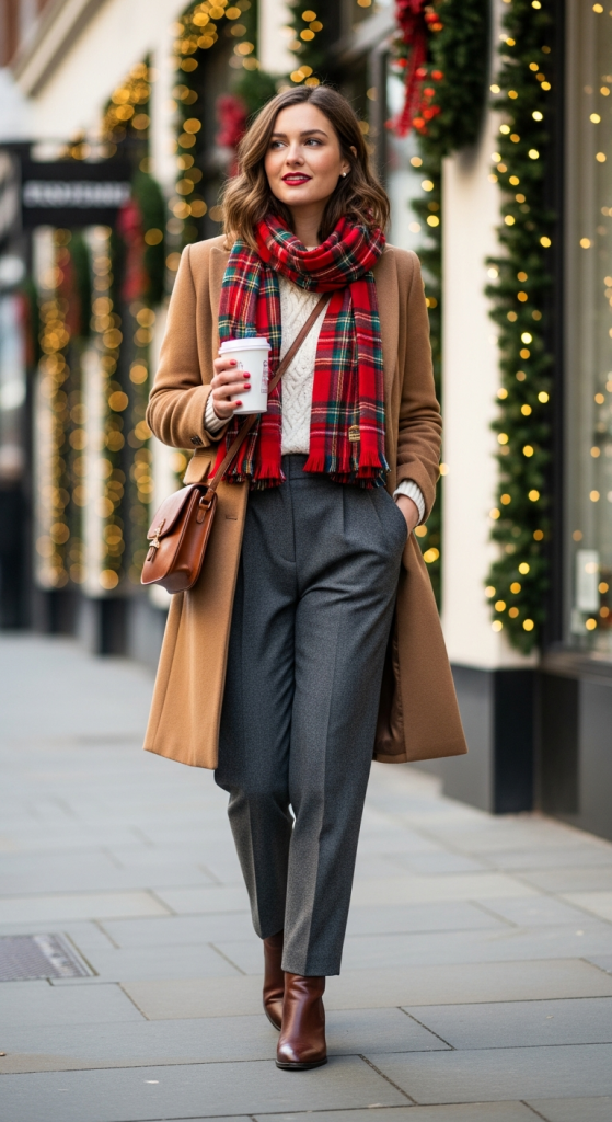 Camel Coat With Plaid Scarf And Trousers