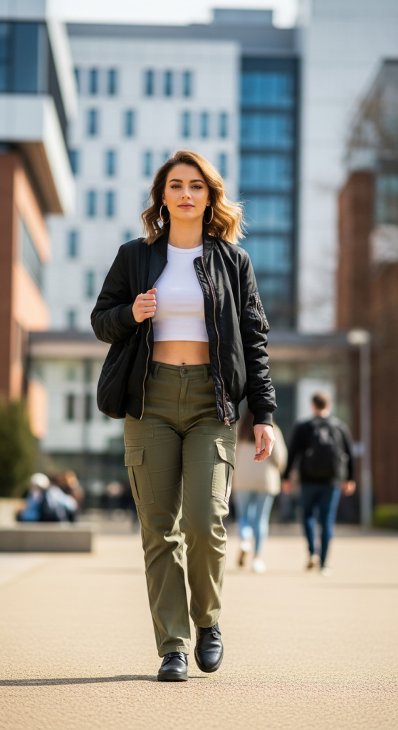 Cargo Pants + Crop Top + Bomber Jacket