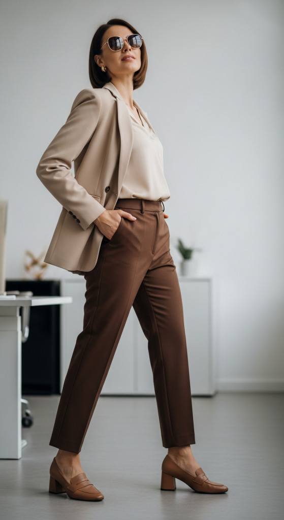 Chocolate Brown Pants With Beige Blazer