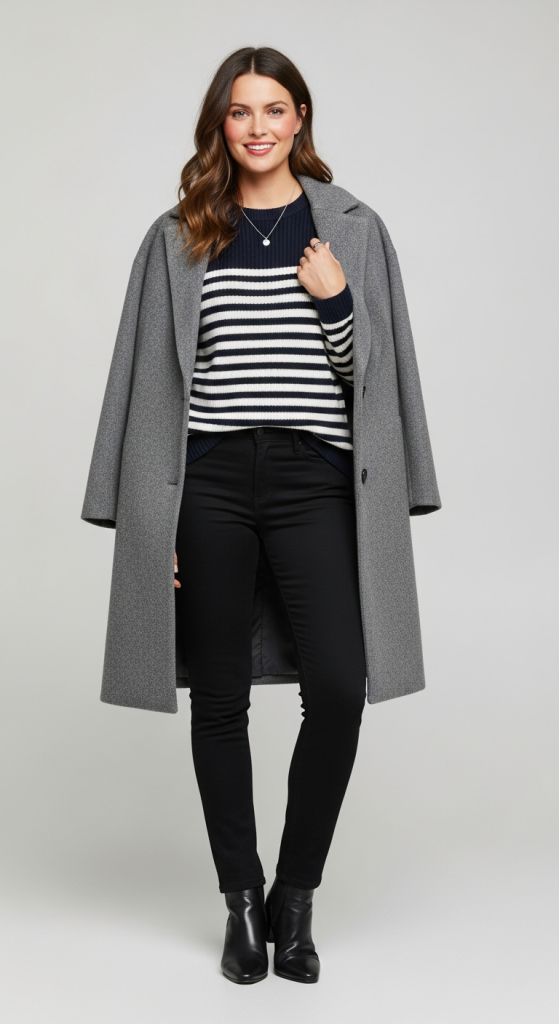 Classic Striped Sweater + Black Jeans + Wool Coat