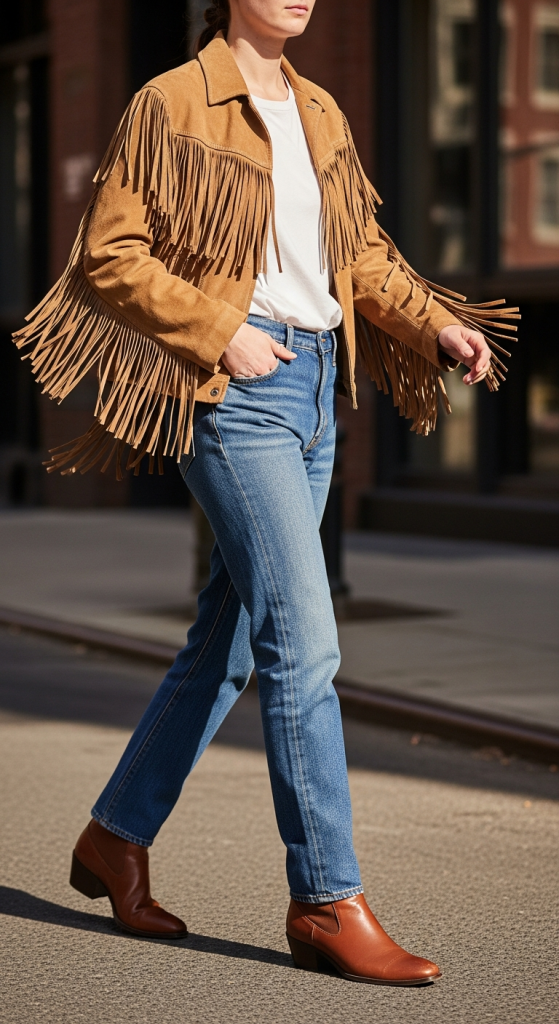 Classic Suede Fringe Jacket With Denim Jeans